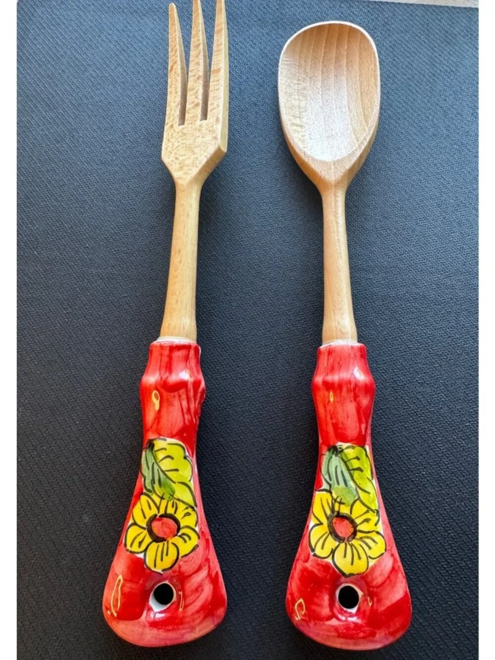 Hand-Painted Wooden Salad Fork & Spoon Set With Red Ceramic Floral Handles 11-In